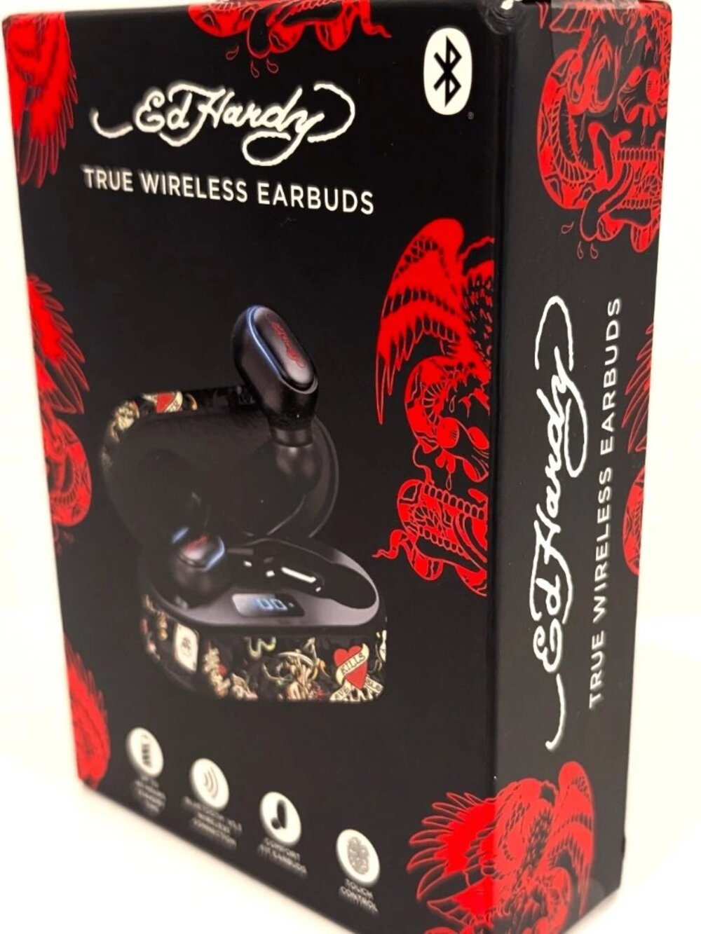 Ed Hardy True Wireless Earbuds Black Tattoo Graphic Charging Case NIB